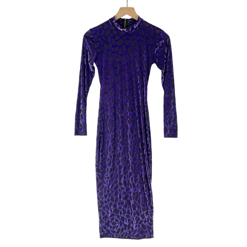 Goodtime USA‎ Purple Burnout Velvet Geometric Long Sleeve Mock Neck Midi Dress